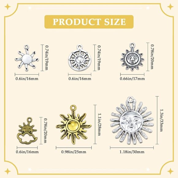 Celestial Sun Charms 42pcs Mixed Antique Gold Silver Bronze Colors Sun Smile Pen - Picture 2 of 7